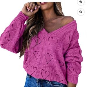Pink Cutout Heart Knit Women's Sweater XL